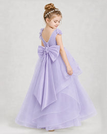 Dideyttawl Pageant Dress Pearl Strap Bow Back Tiered Tulle Gown