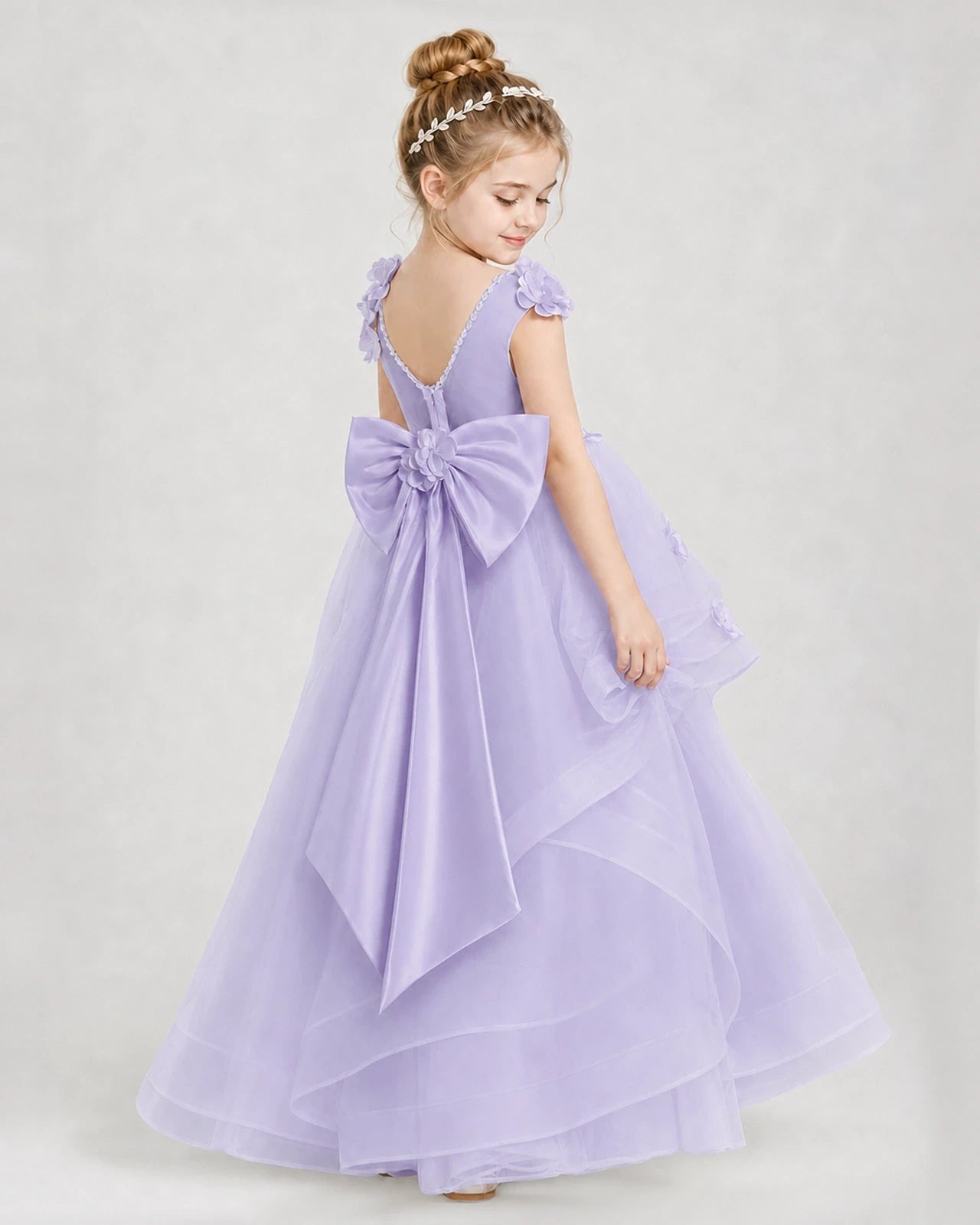 Dideyttawl Tulle Tiered Pageant Dress with 3D Flowers & V-Back