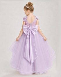 Dideyttawl Pageant Dress Pearl Strap Bow Back Tiered Tulle Gown