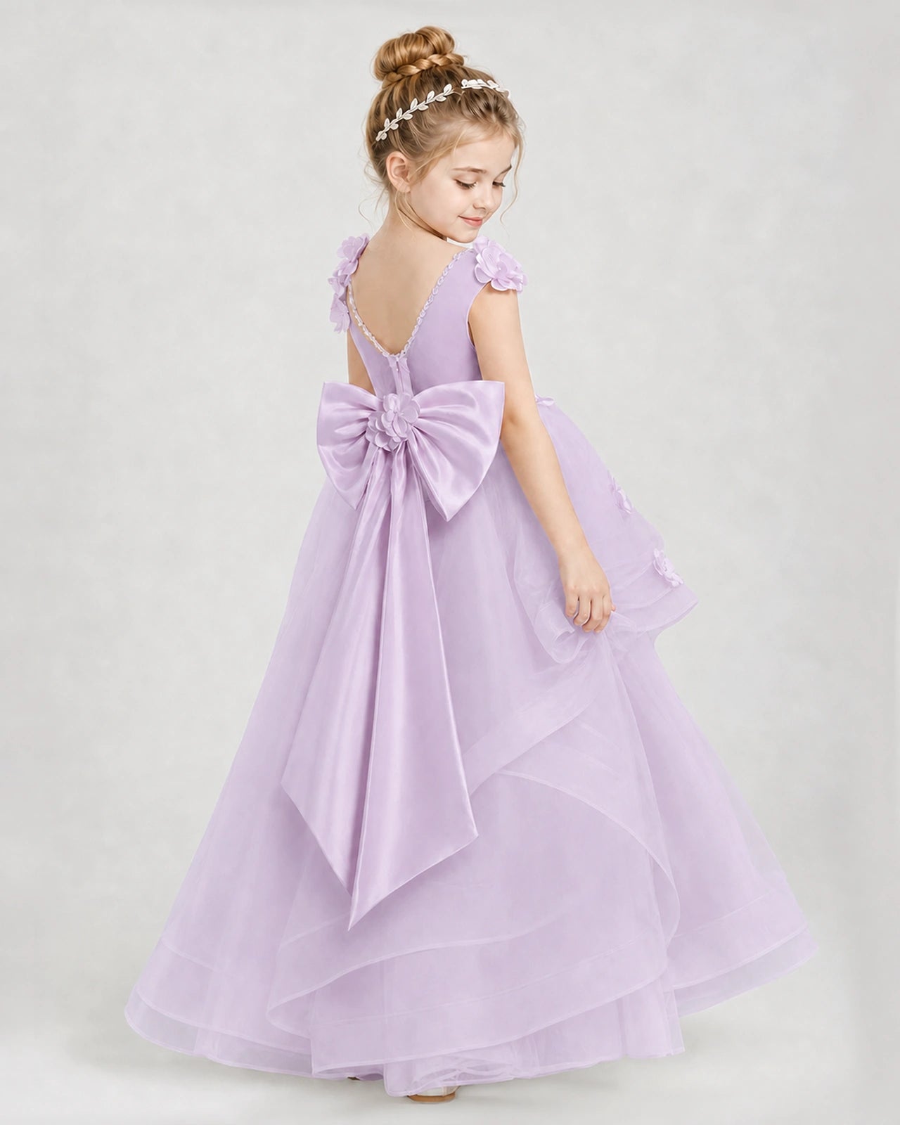 Dideyttawl Pageant Dress Pearl Strap Bow Back Tiered Tulle Gown