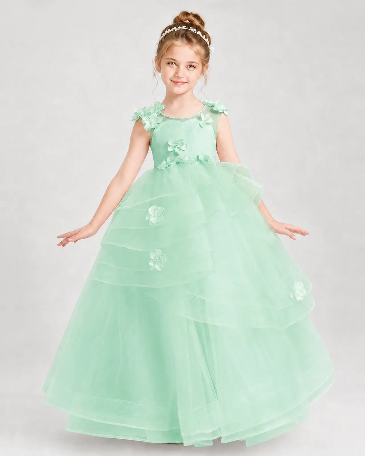 Mint Green Satin Tulle Ball Gown Pageant Dress Front View