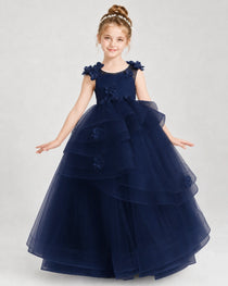 Dideyttawl Pageant Dress Pearl Strap Bow Back Tiered Tulle Gown
