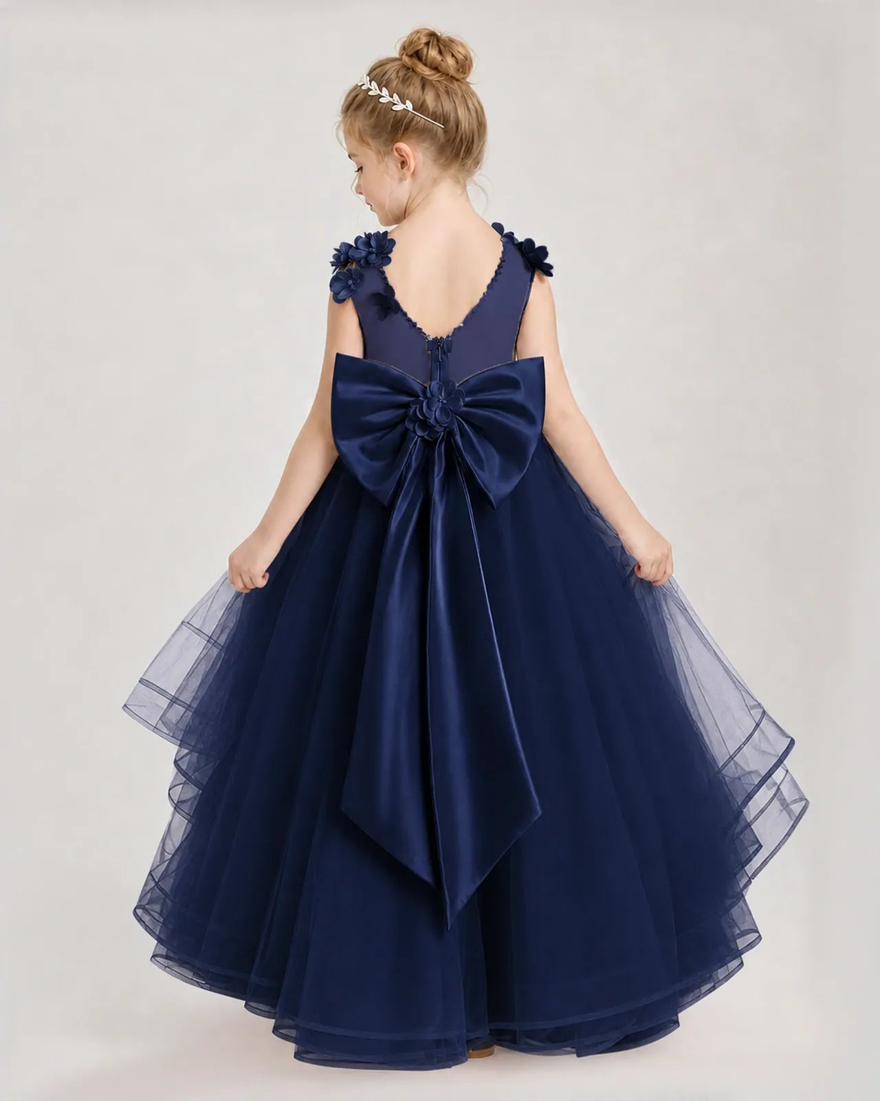 Navy Blue Satin And Tulle A-line Pageant Dress Back View