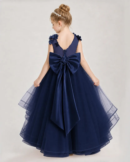 Navy Blue Satin And Tulle A-line Pageant Dress Back View
