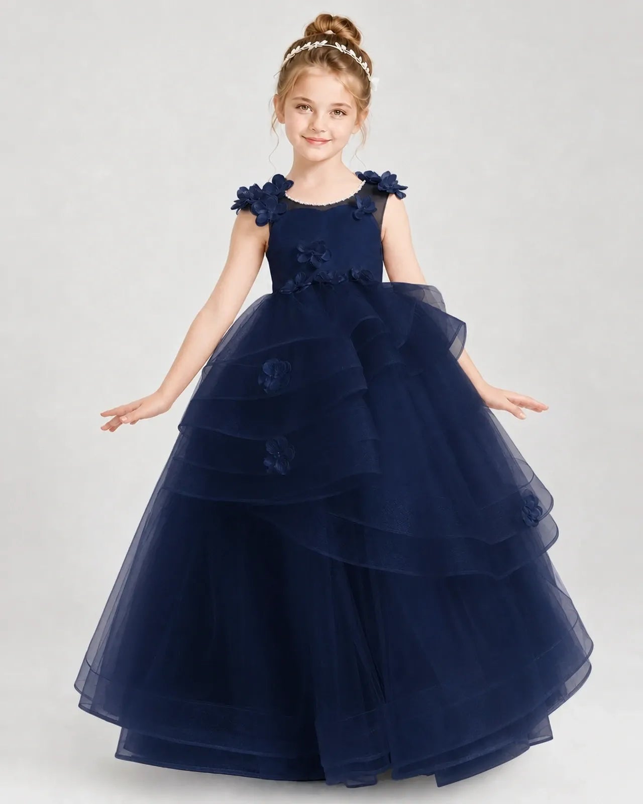 Navy Blue Satin Tulle Ball Gown Pageant Dress Front View