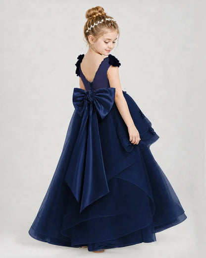 Navy Blue Satin Tulle Ball Gown Pageant Dress Side View