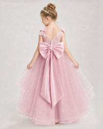 Dideyttawl Pageant Dress Pearl Strap Bow Back Tiered Tulle Gown