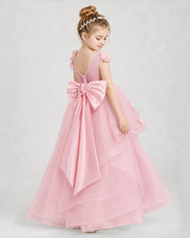 Dideyttawl Pageant Dress Pearl Strap Bow Back Tiered Tulle Gown