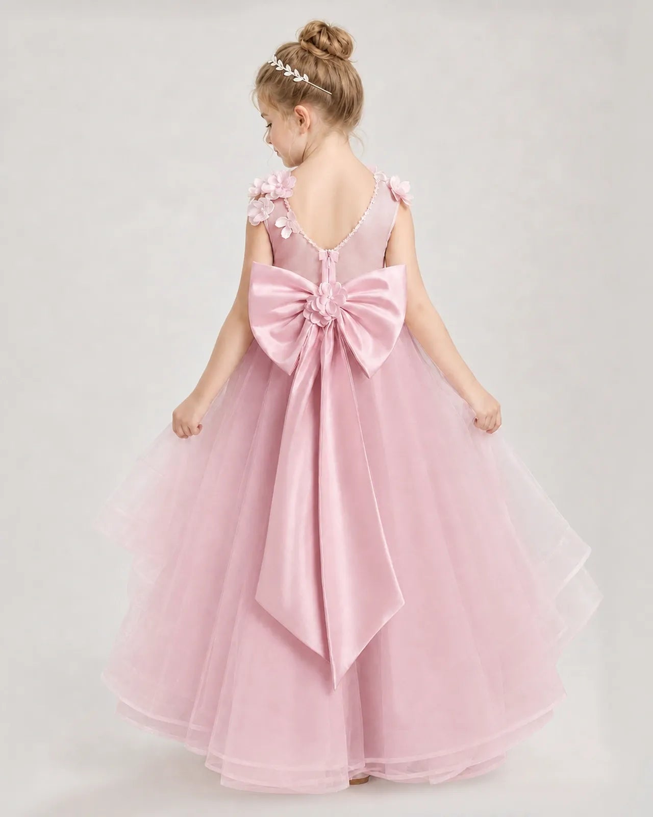 Pink Satin Tulle A-line Pageant Dress Back View
