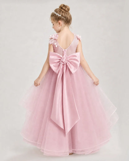 Pink Satin Tulle A-line Pageant Dress Back View
