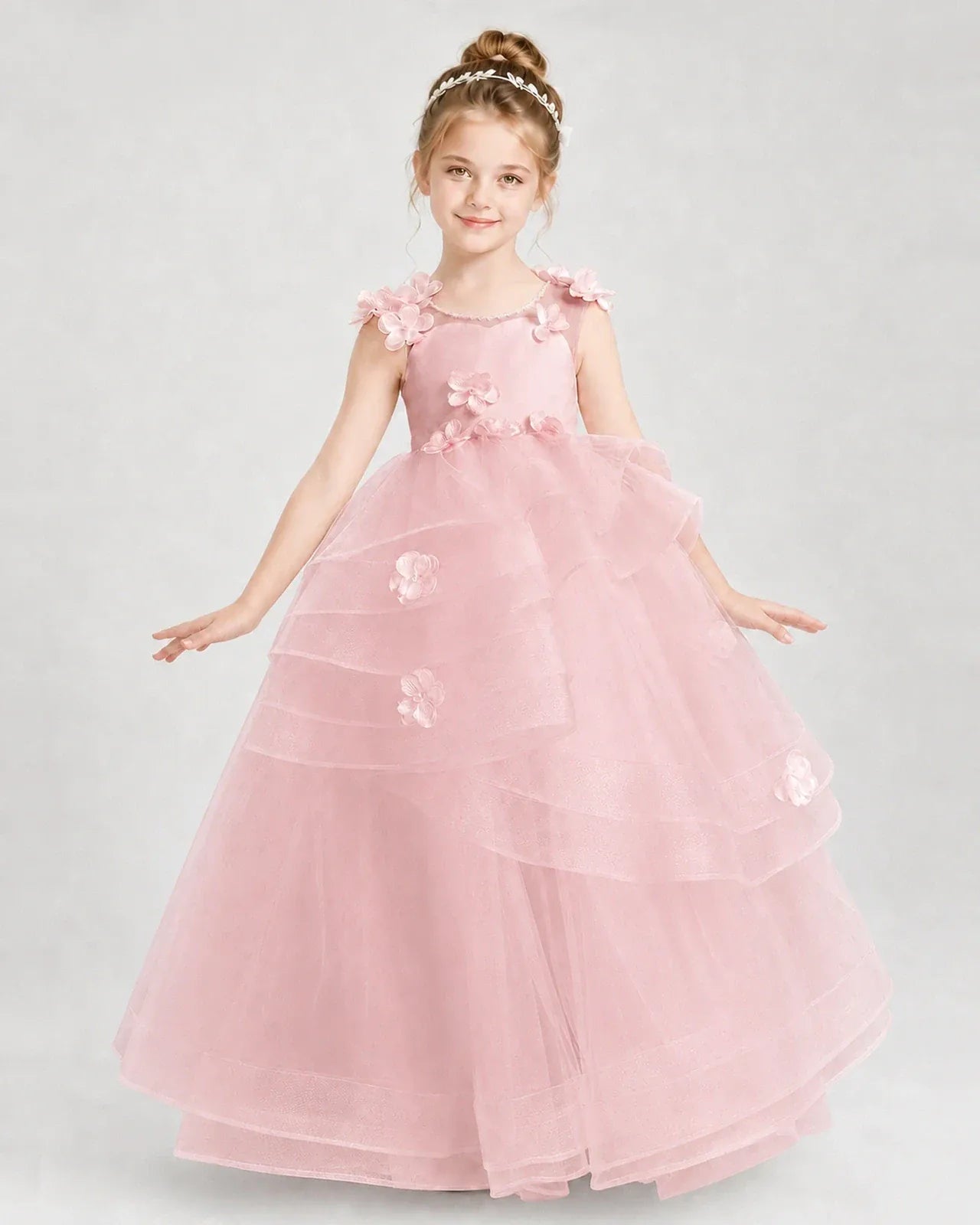 Pink Satin Tulle Ball Gown Pageant Dress Front View