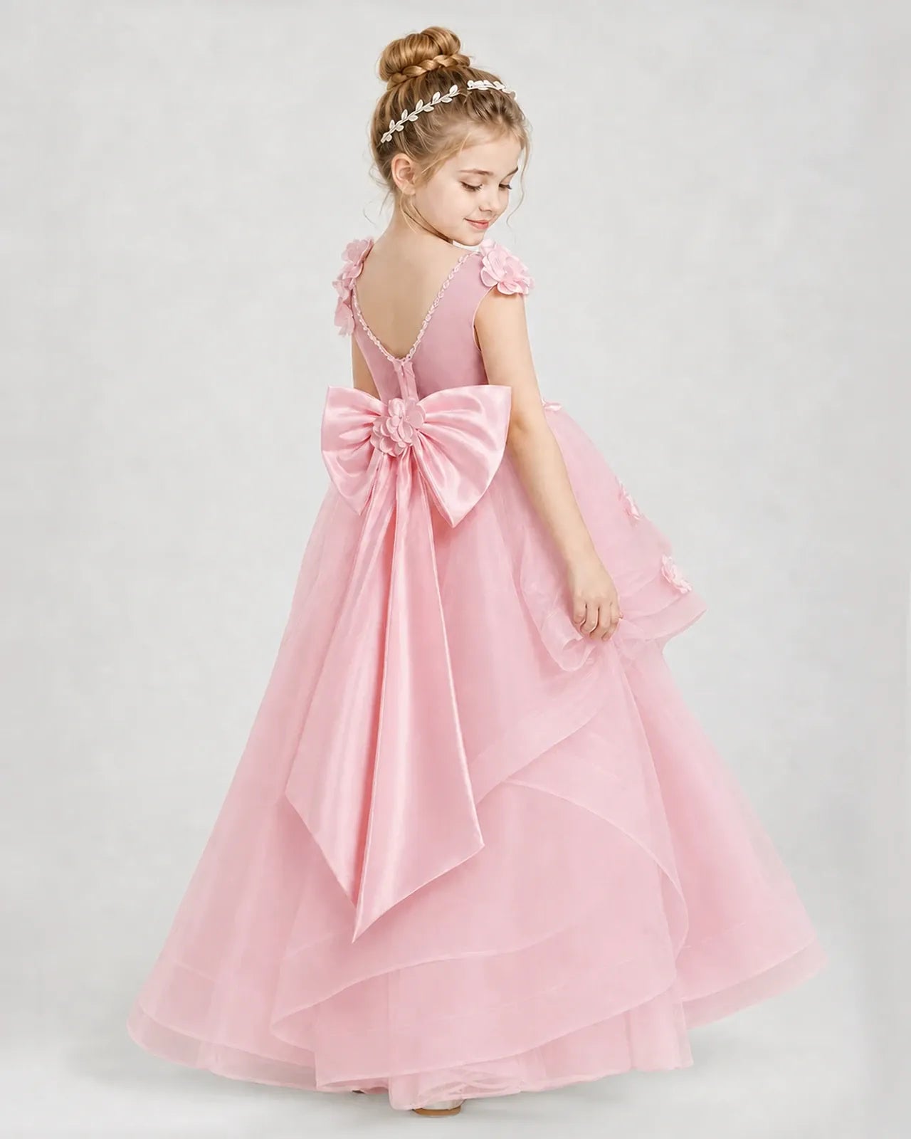 Pink Satin Tulle Ball Gown Pageant Dress Side View