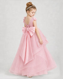 Dideyttawl Tulle Tiered Pageant Dress with 3D Flowers & V-Back
