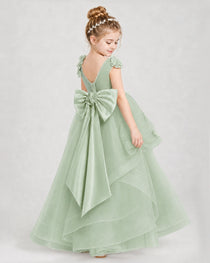 Dideyttawl Pageant Dress Pearl Strap Bow Back Tiered Tulle Gown