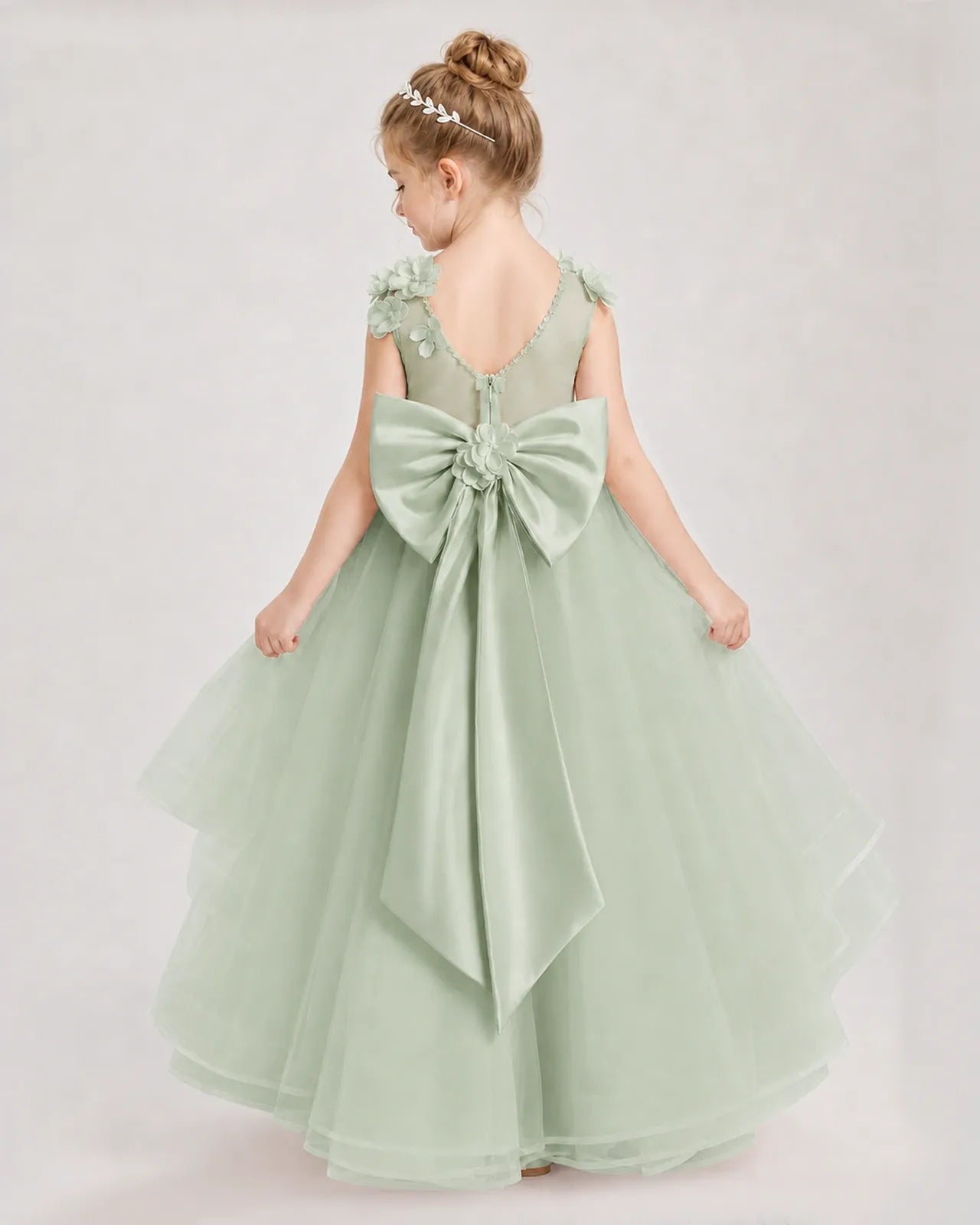 Sage Green Satin Tulle Ball Gown Pageant Dress Back View