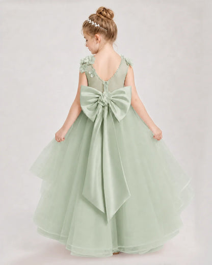 Sage Green Satin Tulle Ball Gown Pageant Dress Back View
