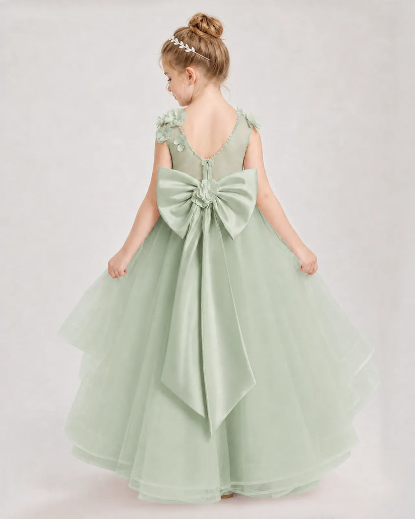 Sage Green Satin Tulle Ball Gown Pageant Dress Back View