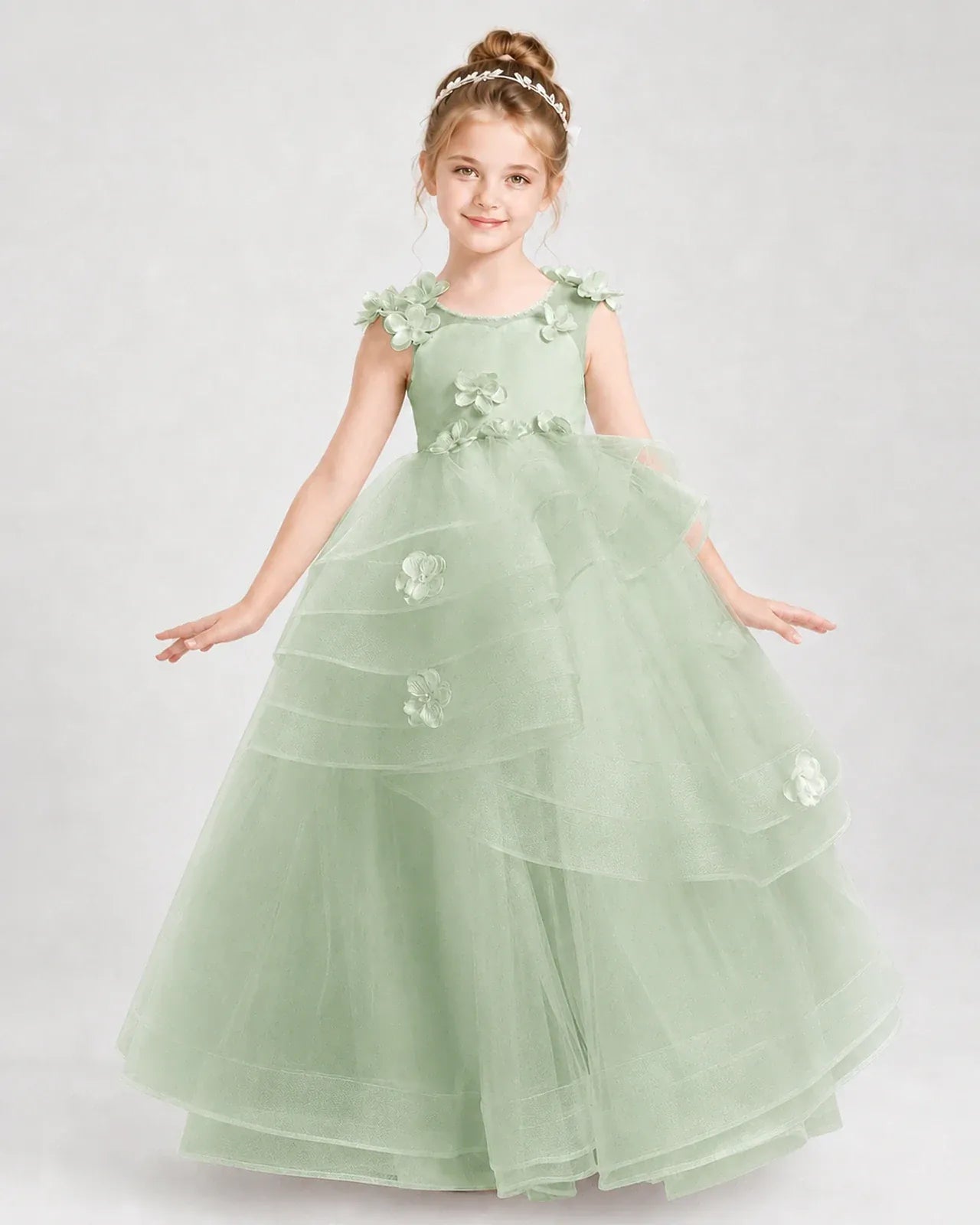 Sage Green Satin Tulle A-line Pageant Dress Front View