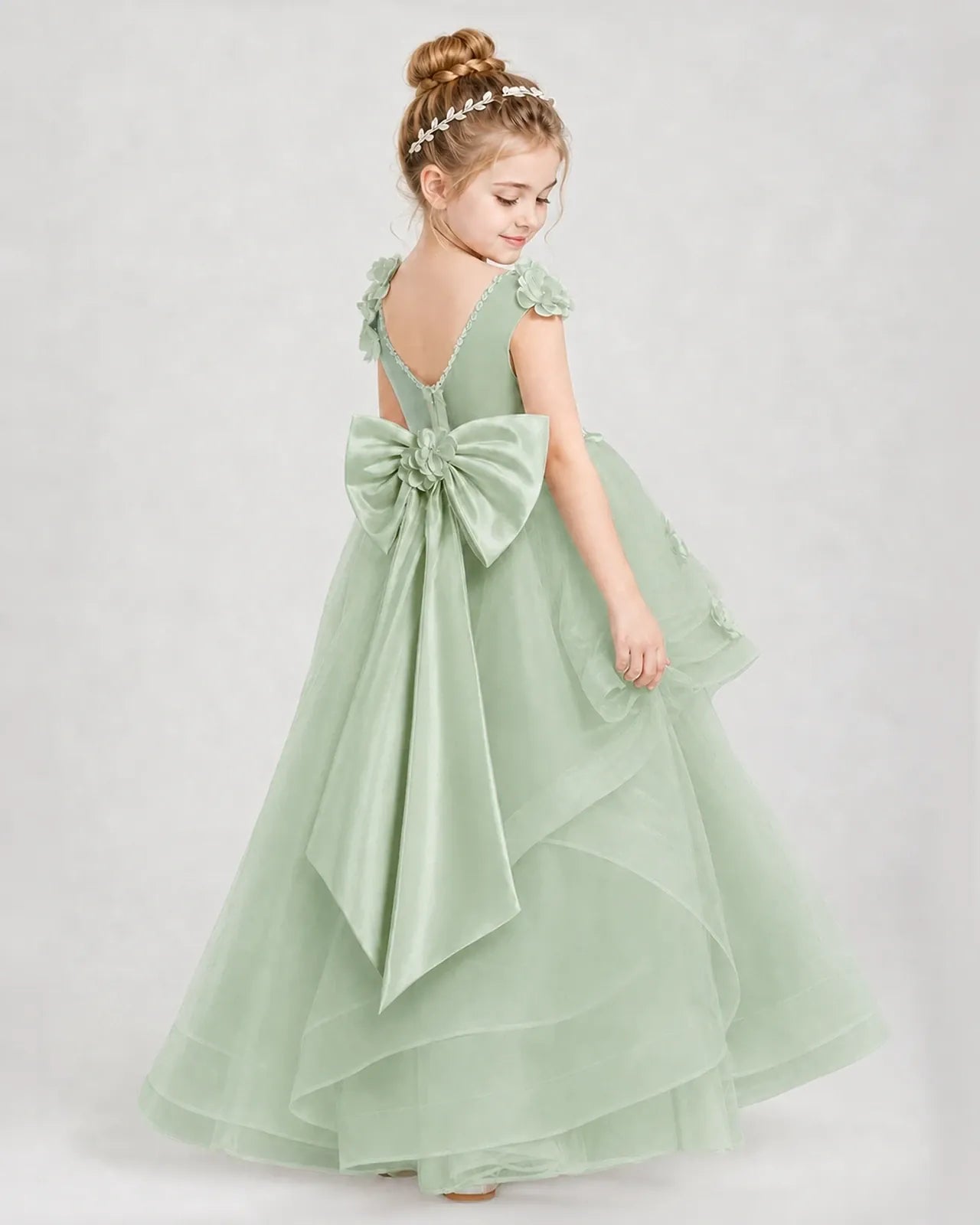 Sage Green Satin Tulle A-line Pageant Dress Side View