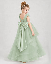 Dideyttawl Tulle Tiered Pageant Dress with 3D Flowers & V-Back