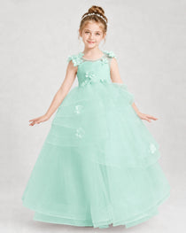 Dideyttawl Pageant Dress Pearl Strap Bow Back Tiered Tulle Gown