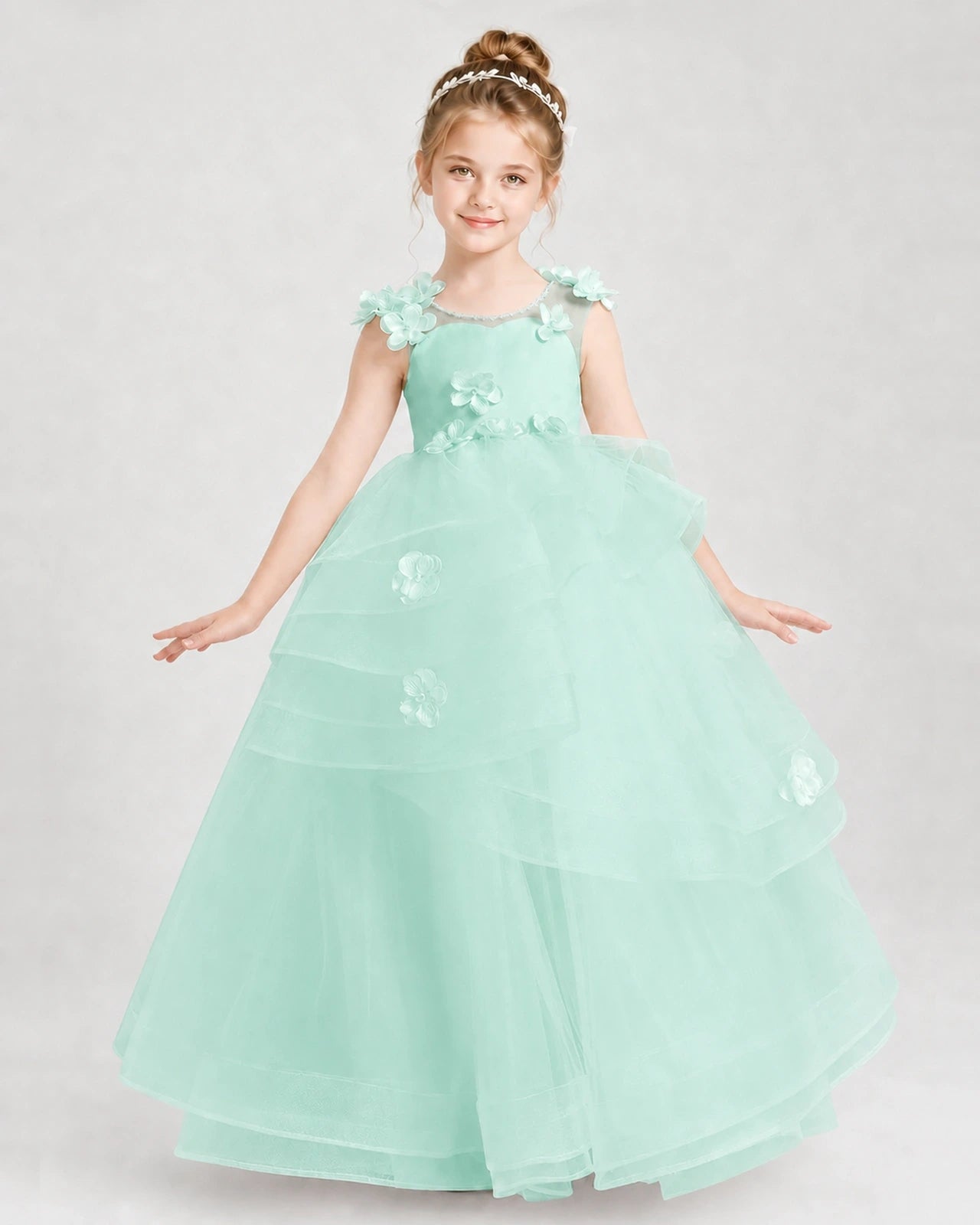Dideyttawl Pageant Dress Pearl Strap Bow Back Tiered Tulle Gown