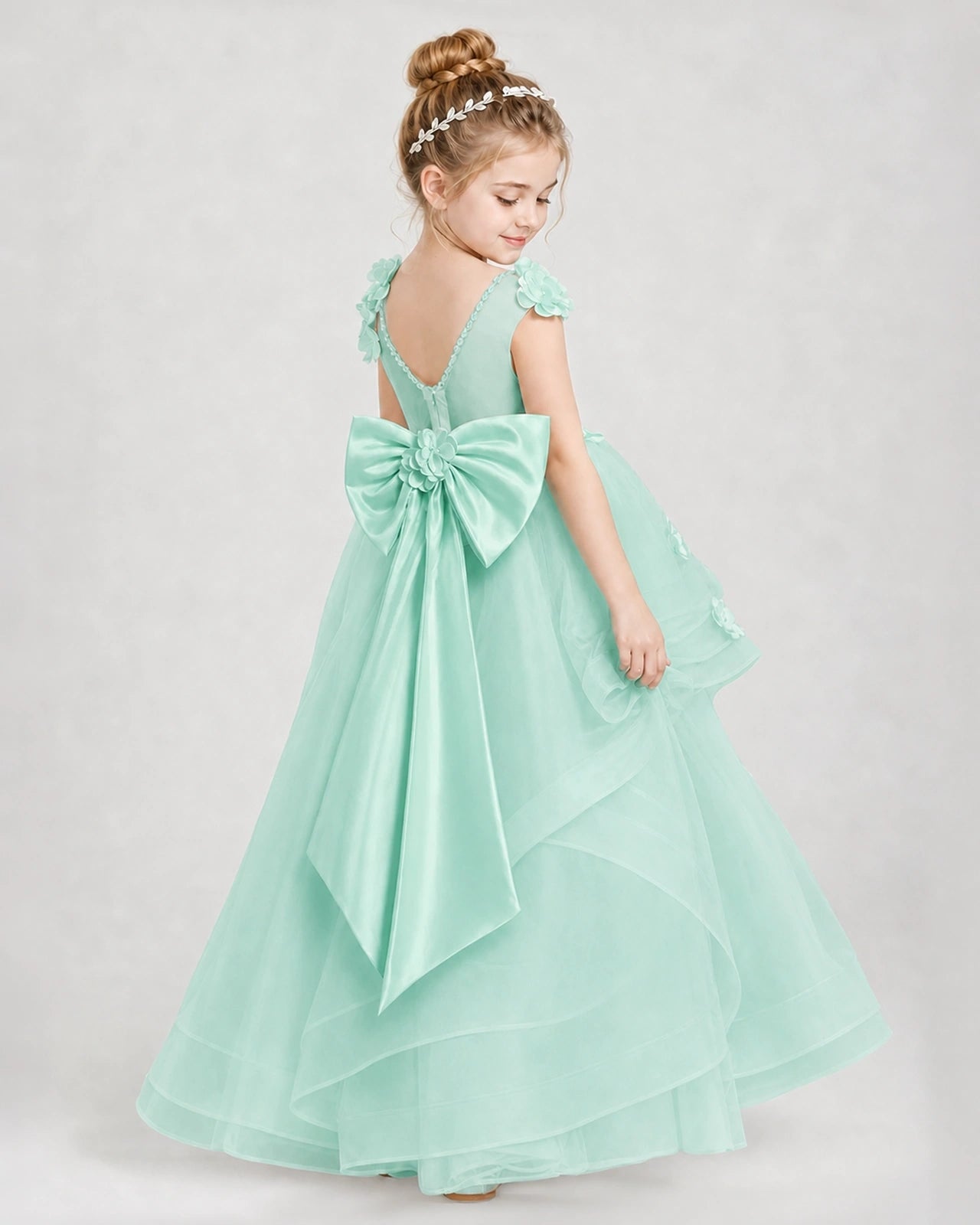 Dideyttawl Pageant Dress Pearl Strap Bow Back Tiered Tulle Gown