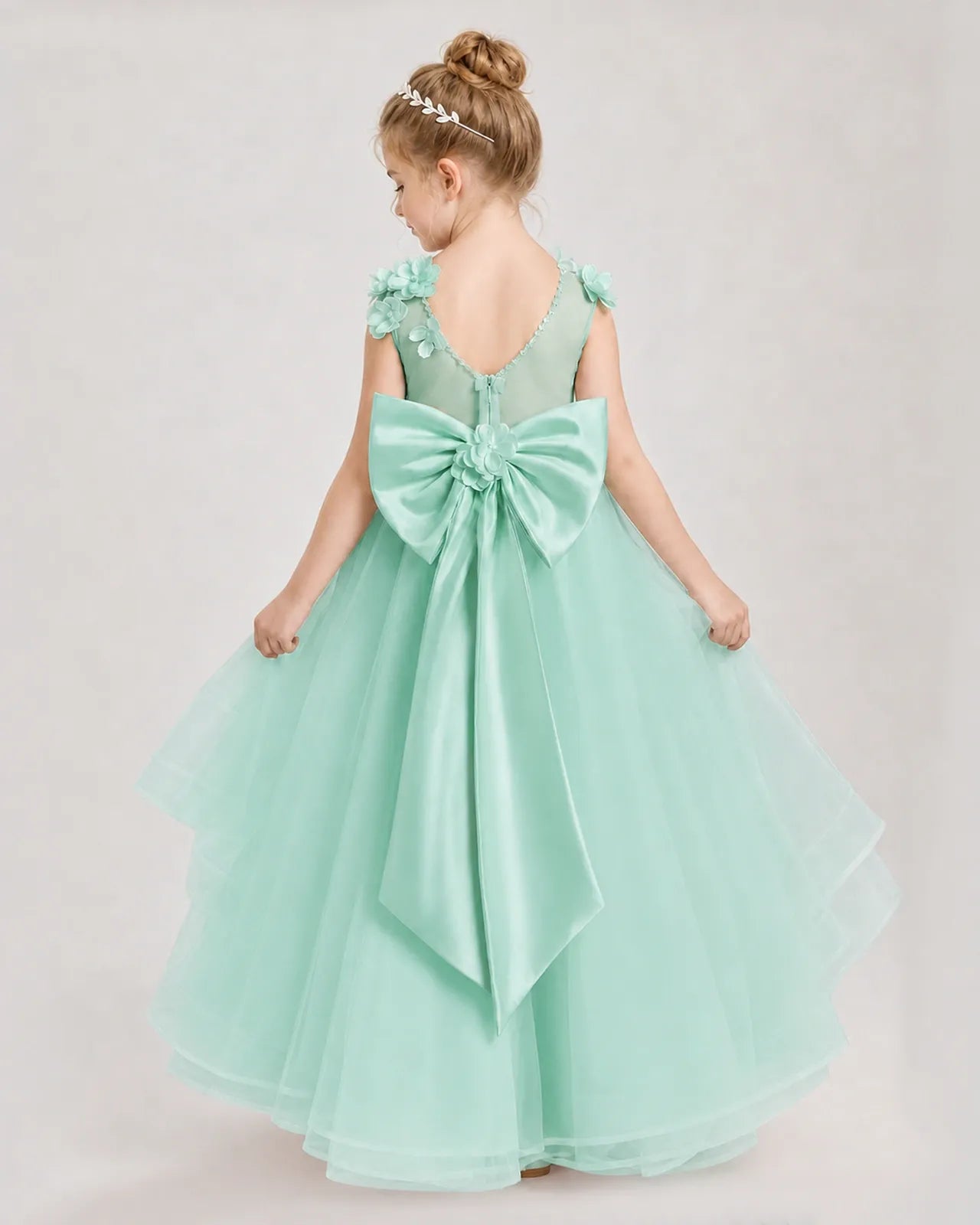 Turquoise Satin Tulle A-line Pageant Dress Back View