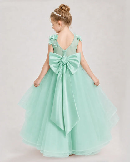 Turquoise Satin Tulle A-line Pageant Dress Back View