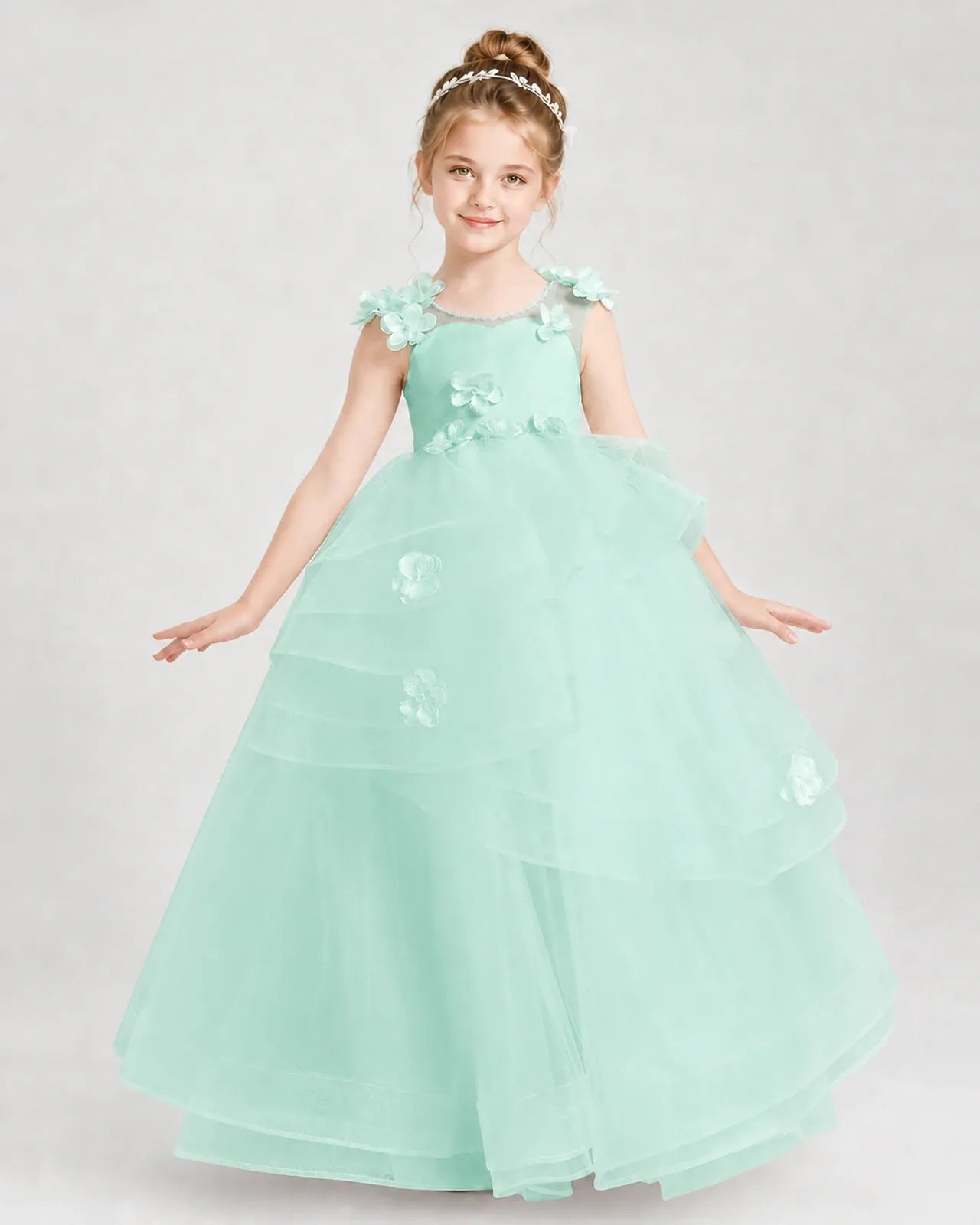 Turquoise Satin Tulle Ball Gown Pageant Dress Front View