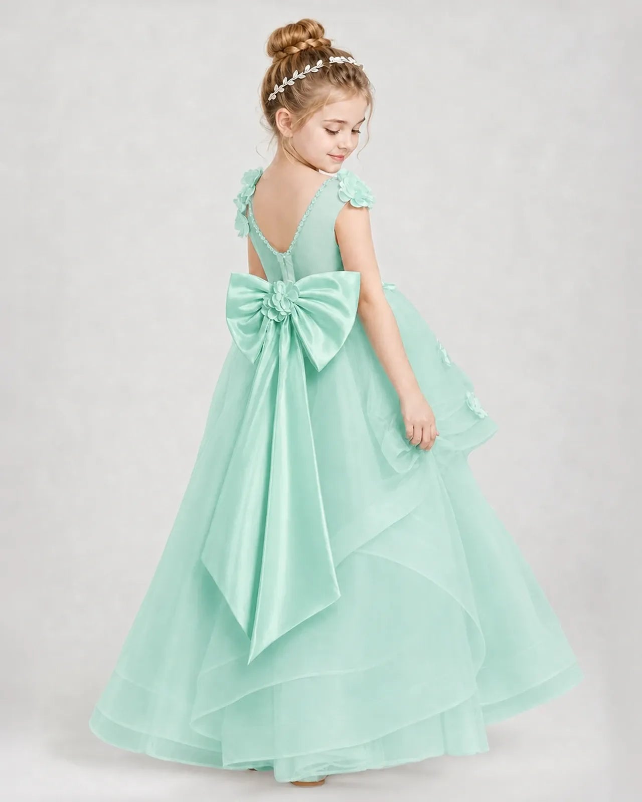 Turquoise Satin and Tulle Ball Gown Pageant Dress Side View