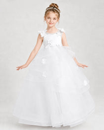 Dideyttawl Pageant Dress Pearl Strap Bow Back Tiered Tulle Gown