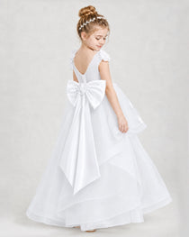Dideyttawl Pageant Dress Pearl Strap Bow Back Tiered Tulle Gown