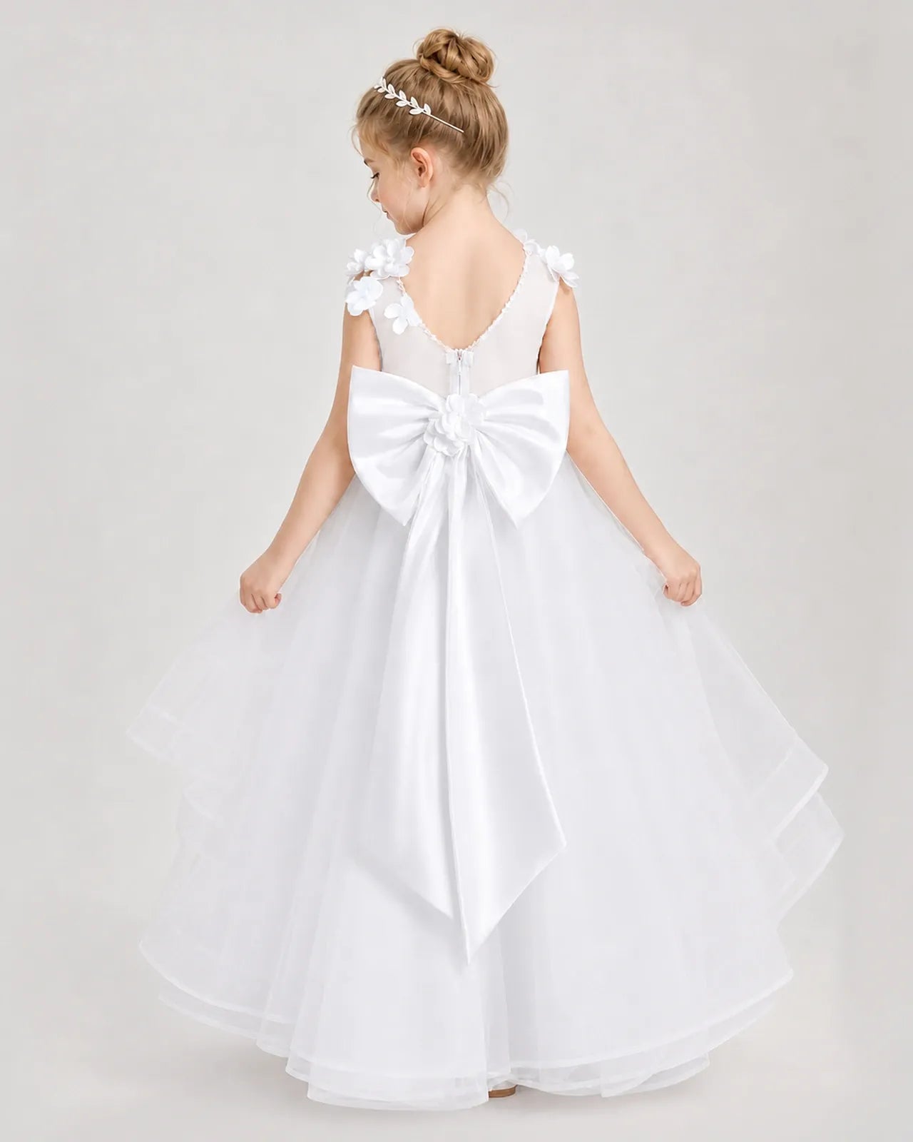White Satin Tulle A-line Pageant Dress Back View
