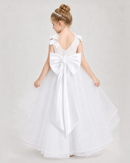 White Satin Tulle A-line Pageant Dress Back View