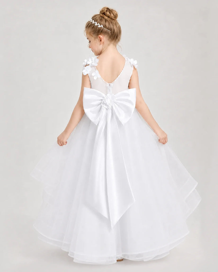 White Satin Tulle A-line Pageant Dress Back View
