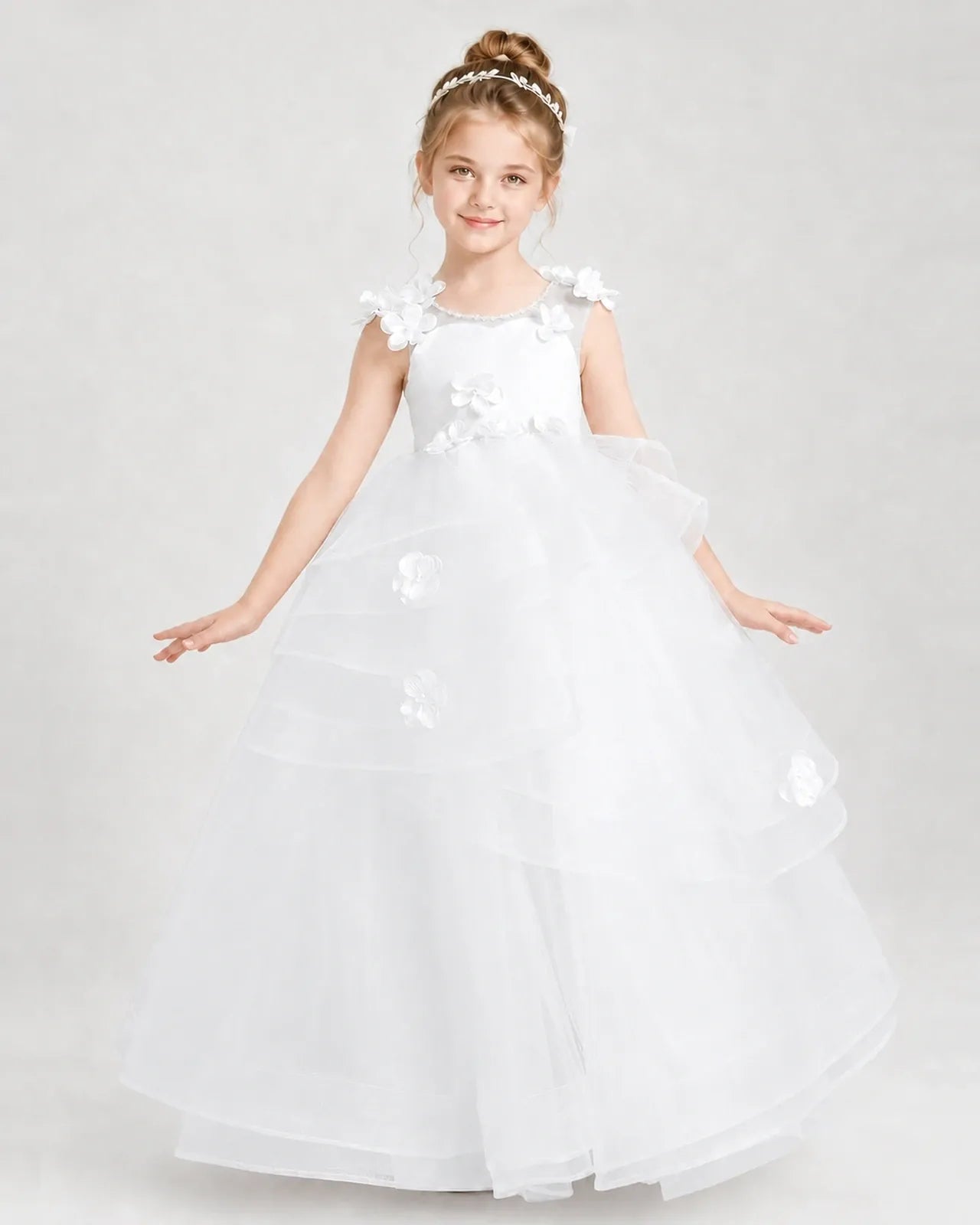 White Satin Tulle Ball Gown Pageant Dress Front View