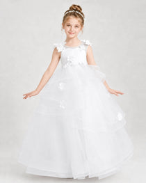 Dideyttawl Tulle Tiered Pageant Dress with 3D Flowers & V-Back