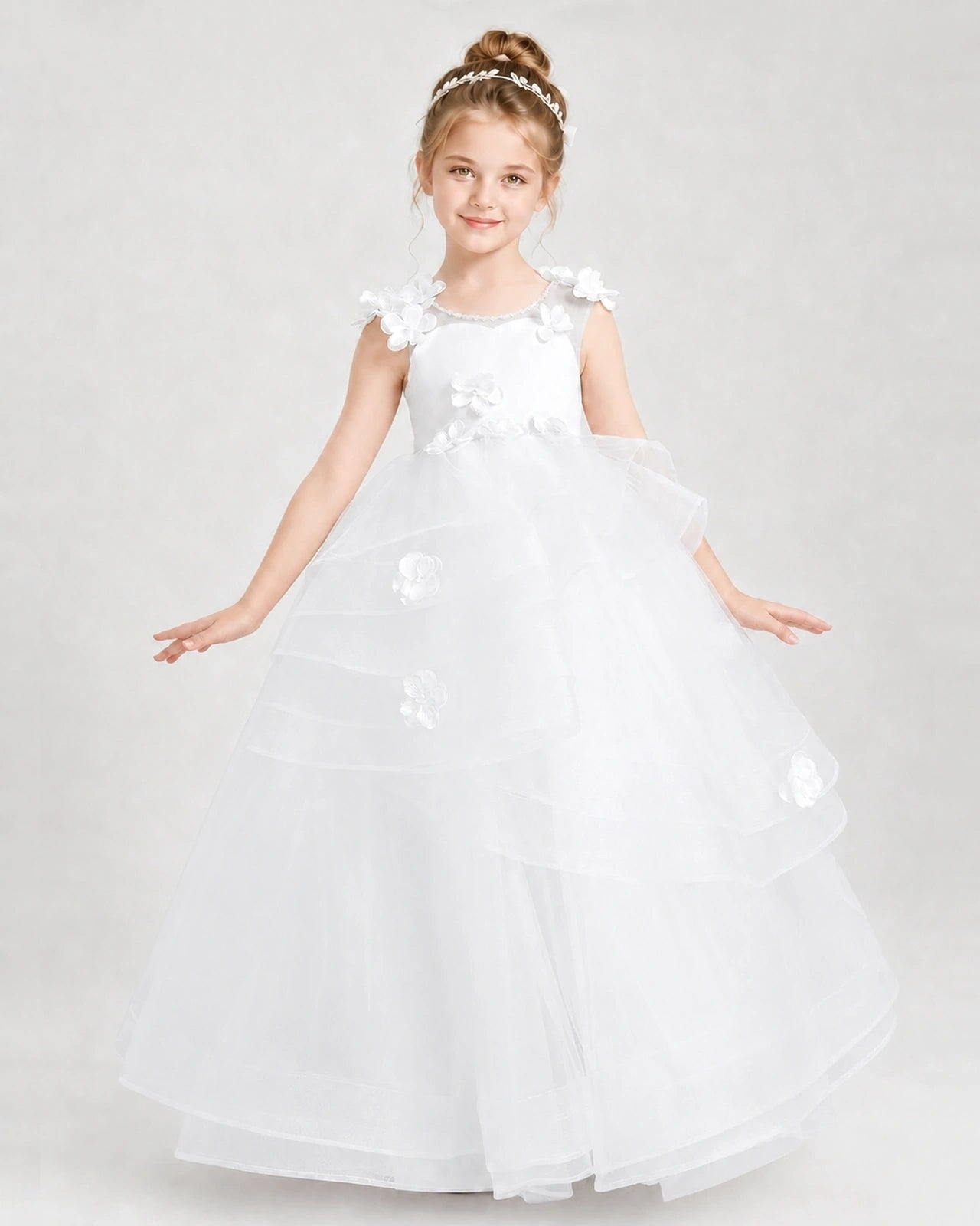 Dideyttawl Tulle Tiered Pageant Dress with 3D Flowers & V-Back