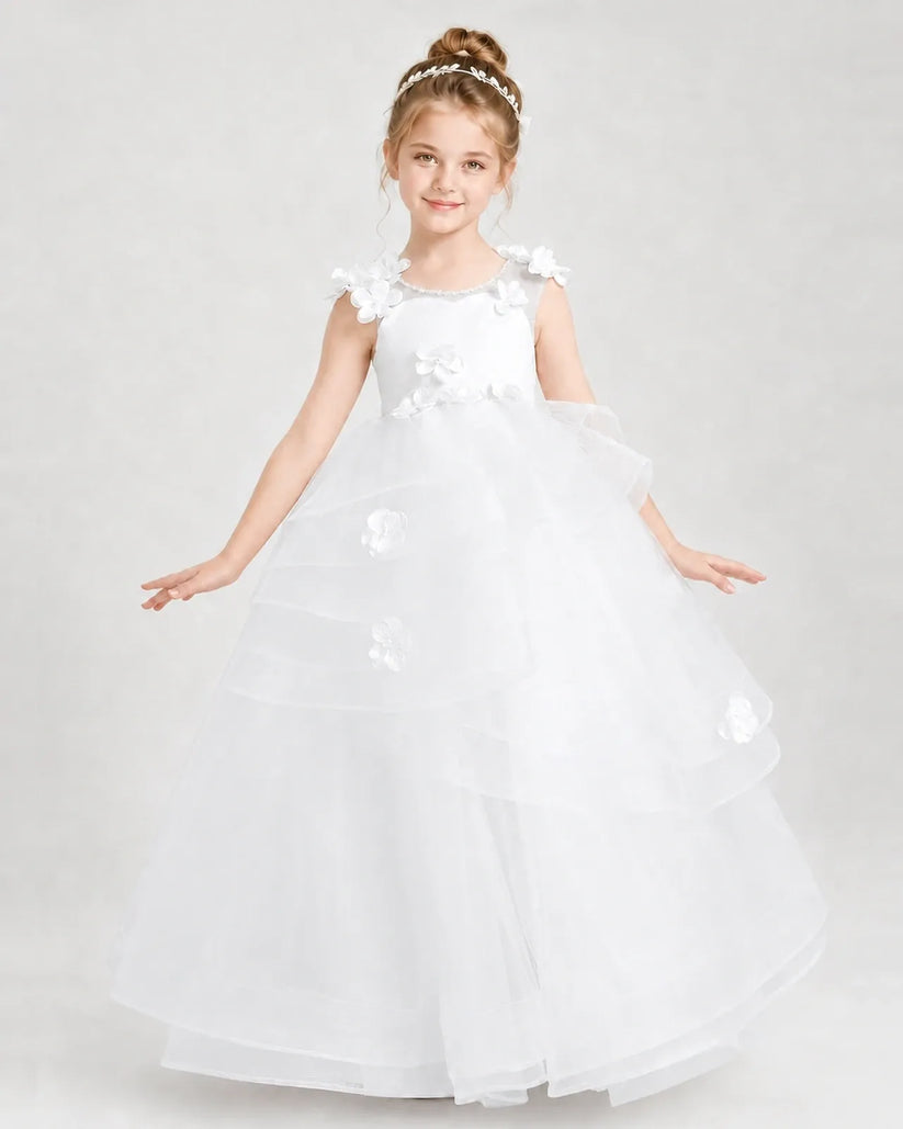 White Satin Tulle Ball Gown Pageant Dress Front View