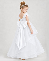 Dideyttawl Tulle Tiered Pageant Dress with 3D Flowers & V-Back