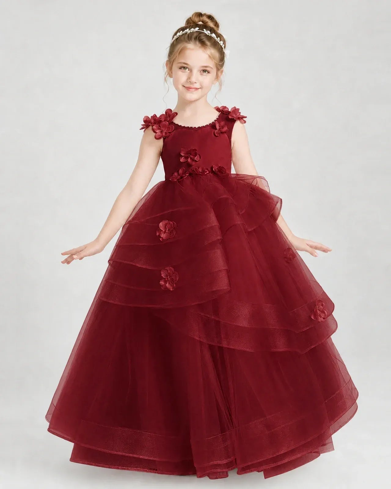 Wine Red Satin Tulle Ball Gown Pageant Dress Front View