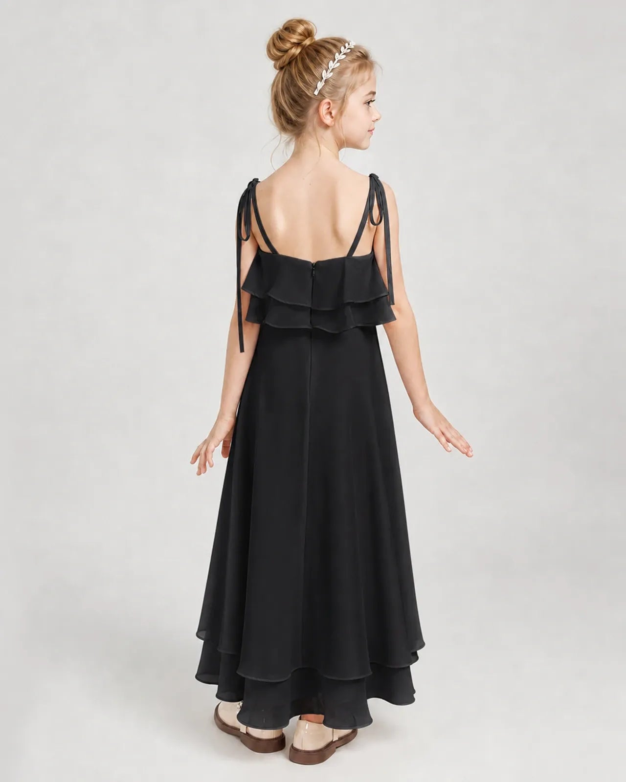Black Chiffon A-line Junior Bridesmaid Dress Back View
