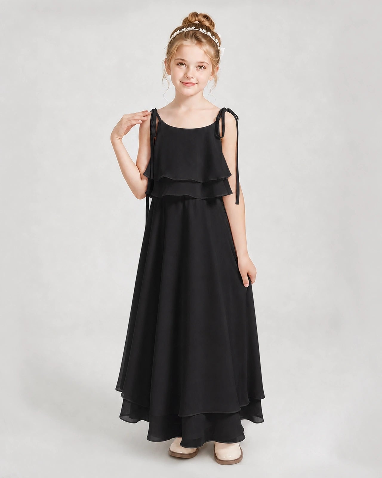 Black Chiffon A-line Junior Bridesmaid Dress Front View
