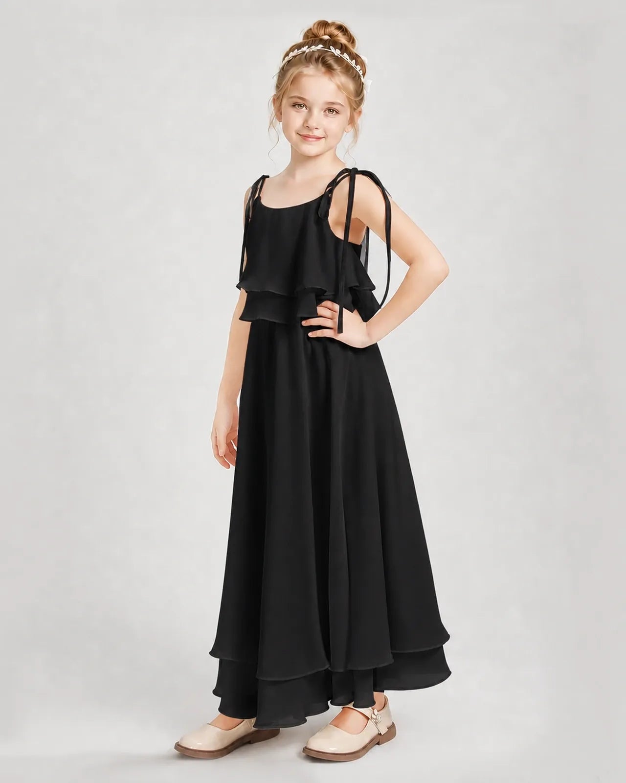 Black Chiffon A-line Junior Bridesmaid Dress Side View