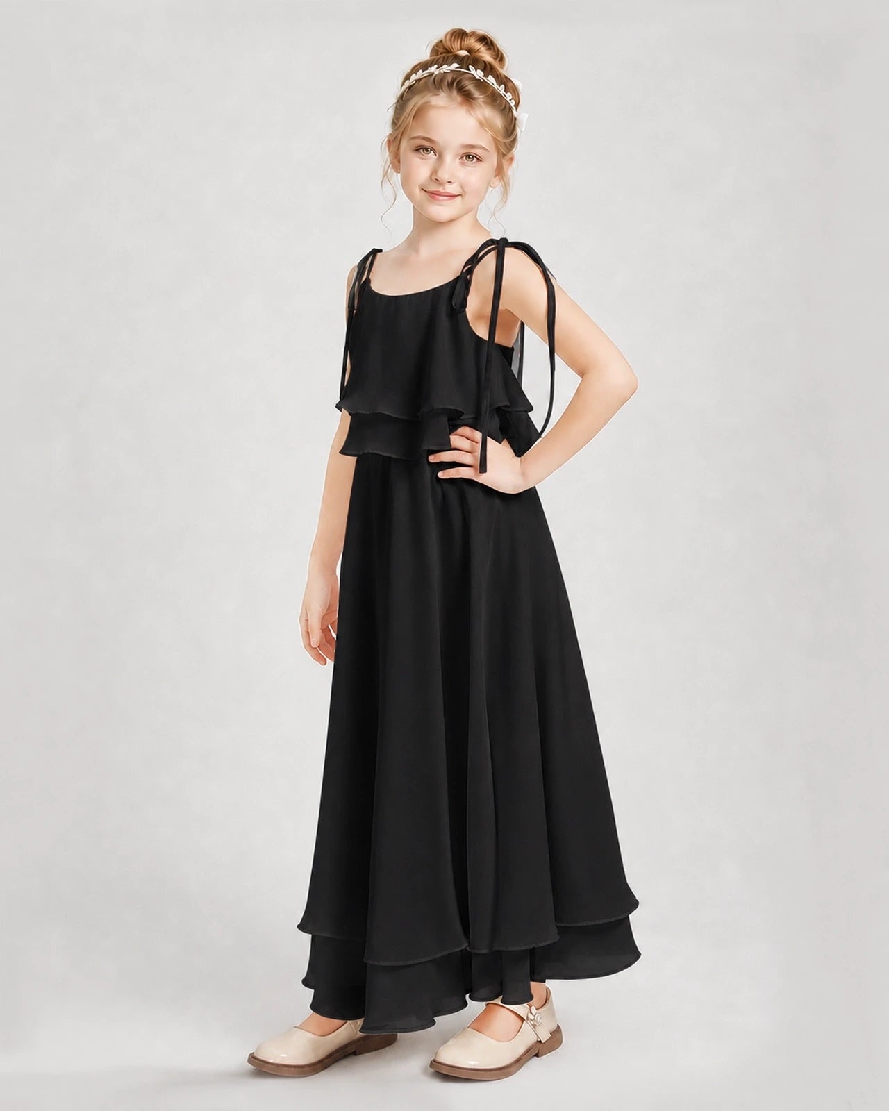 Black Chiffon A-line Junior Bridesmaid Dress Side View