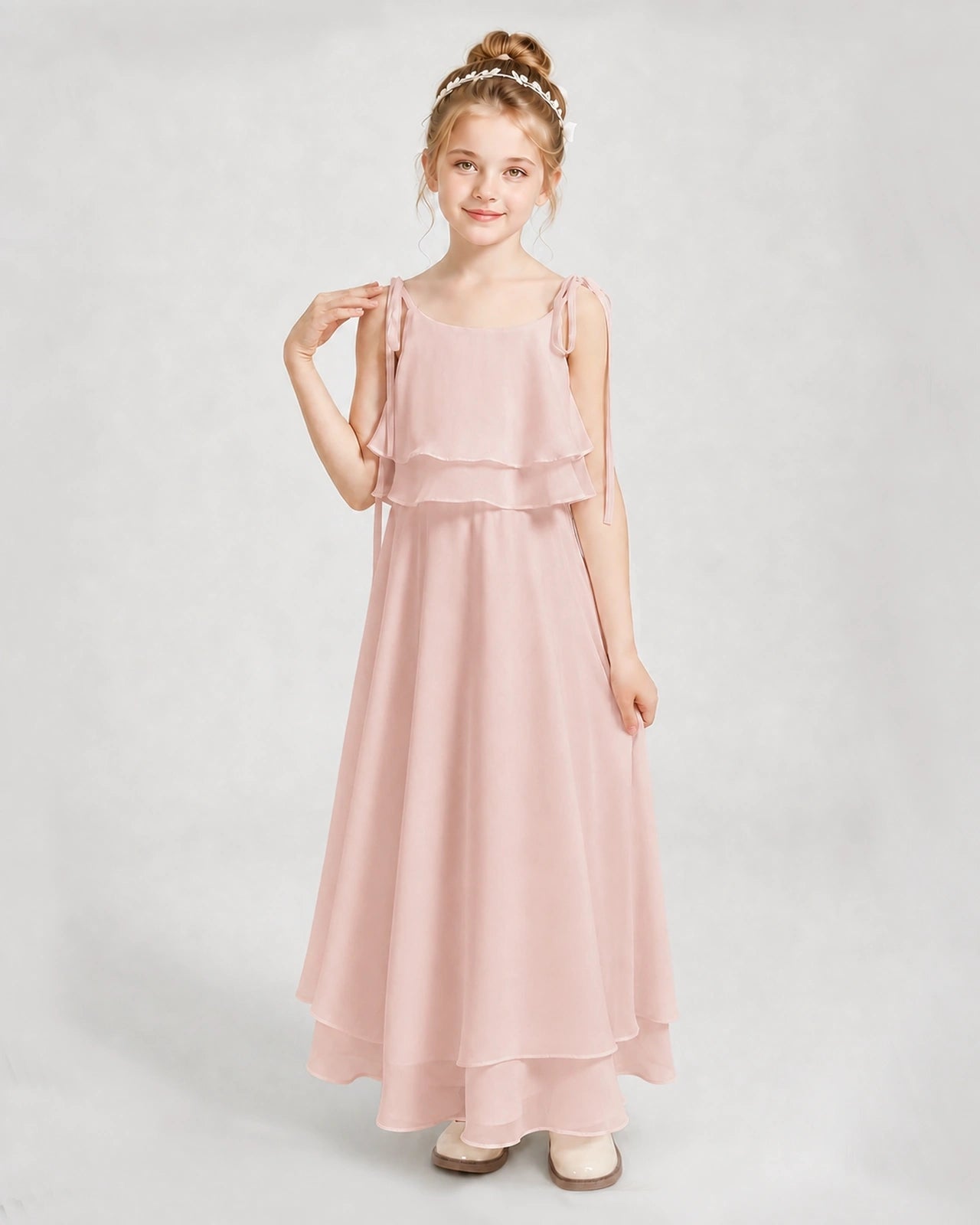 Blush Pink Chiffon A-line Junior Bridesmaid Dress Front View