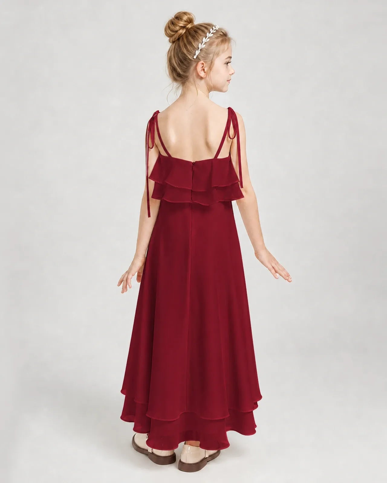Burgundy Chiffon A-line Junior Bridesmaid Dress Back View