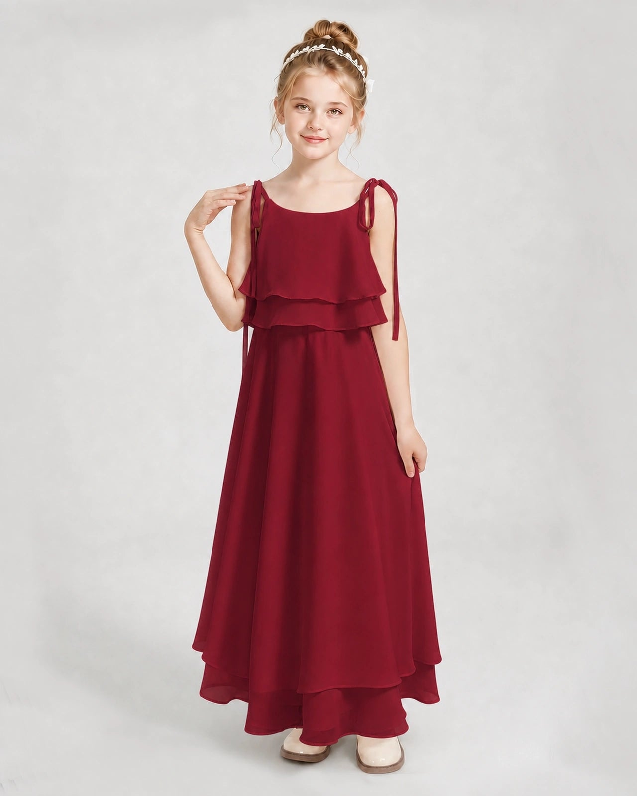 Burgundy Chiffon A-line Junior Bridesmaid Dress Front View
