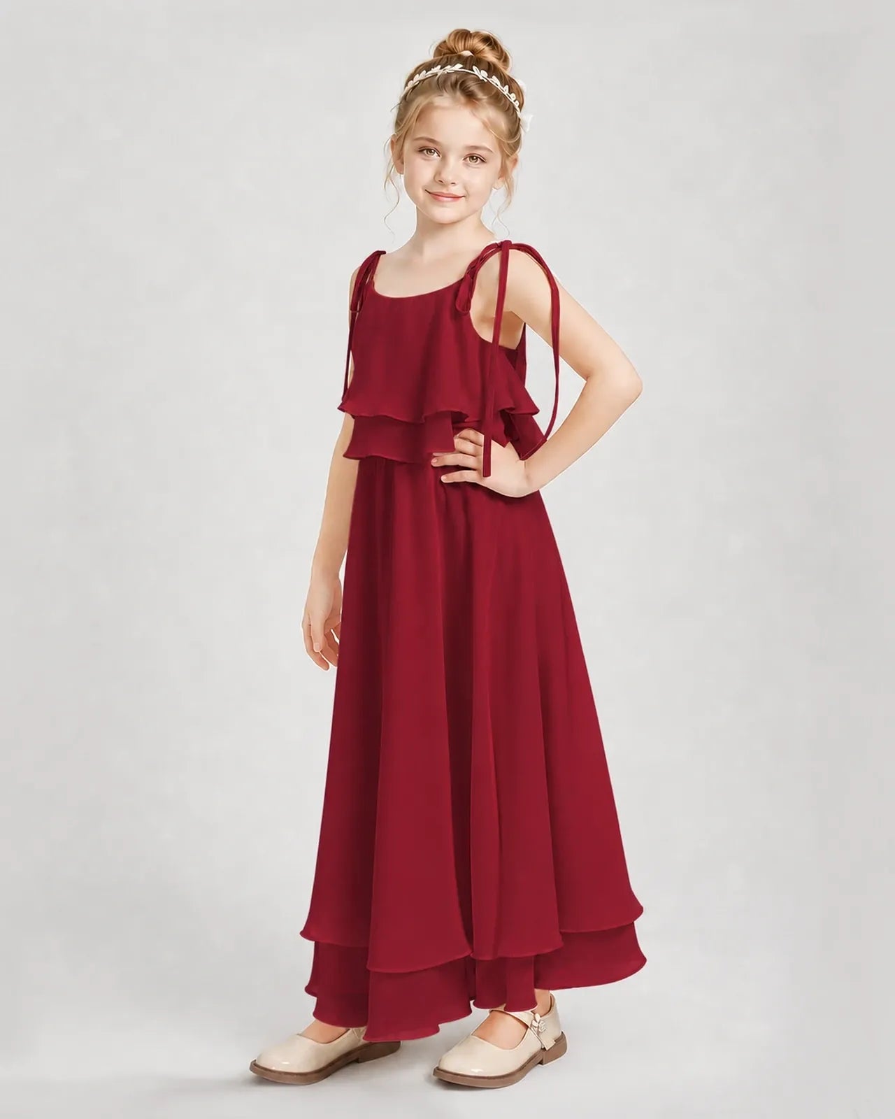 Burgundy Chiffon A-line Junior Bridesmaid Dress Side View